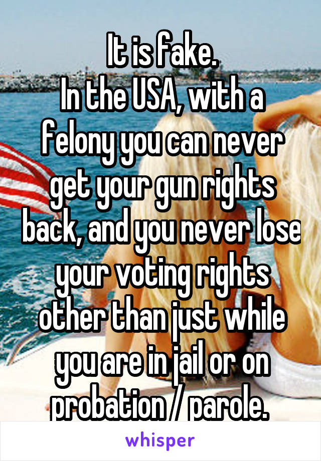 It is fake.
In the USA, with a felony you can never get your gun rights back, and you never lose your voting rights other than just while you are in jail or on probation / parole. 