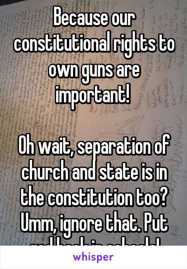 Because our constitutional rights to own guns are important! 

Oh wait, separation of church and state is in the constitution too? Umm, ignore that. Put god back in schools!