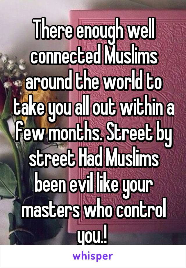 There enough well connected Muslims around the world to take you all out within a few months. Street by street Had Muslims been evil like your masters who control you.! 