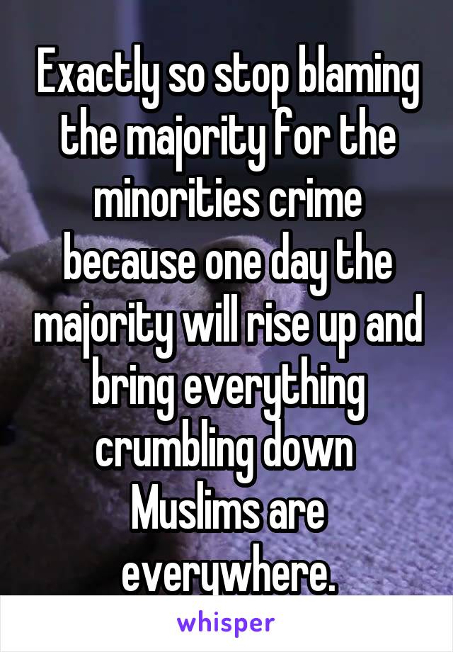 Exactly so stop blaming the majority for the minorities crime because one day the majority will rise up and bring everything crumbling down 
Muslims are everywhere.