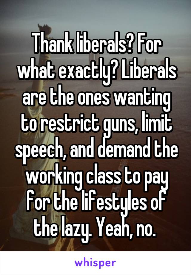 Thank liberals? For what exactly? Liberals are the ones wanting to restrict guns, limit speech, and demand the working class to pay for the lifestyles of the lazy. Yeah, no. 