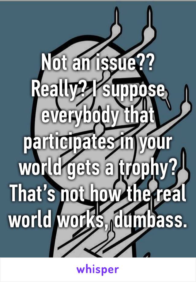 Not an issue??
Really? I suppose everybody that participates in your world gets a trophy? That’s not how the real world works, dumbass.