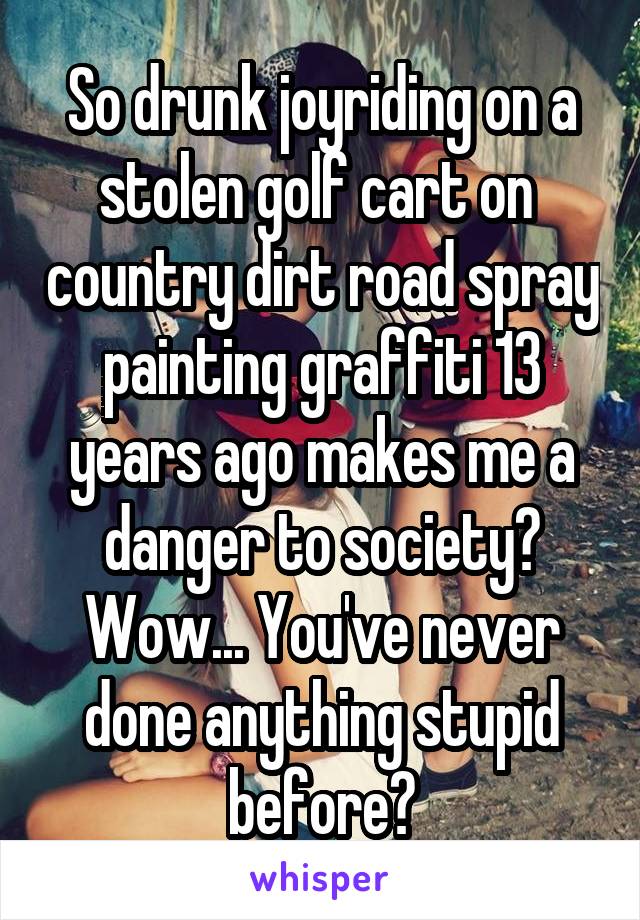 So drunk joyriding on a stolen golf cart on  country dirt road spray painting graffiti 13 years ago makes me a danger to society? Wow... You've never done anything stupid before?