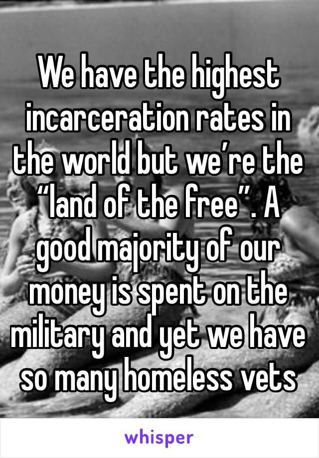 We have the highest incarceration rates in the world but we’re the “land of the free”. A good majority of our money is spent on the military and yet we have so many homeless vets 