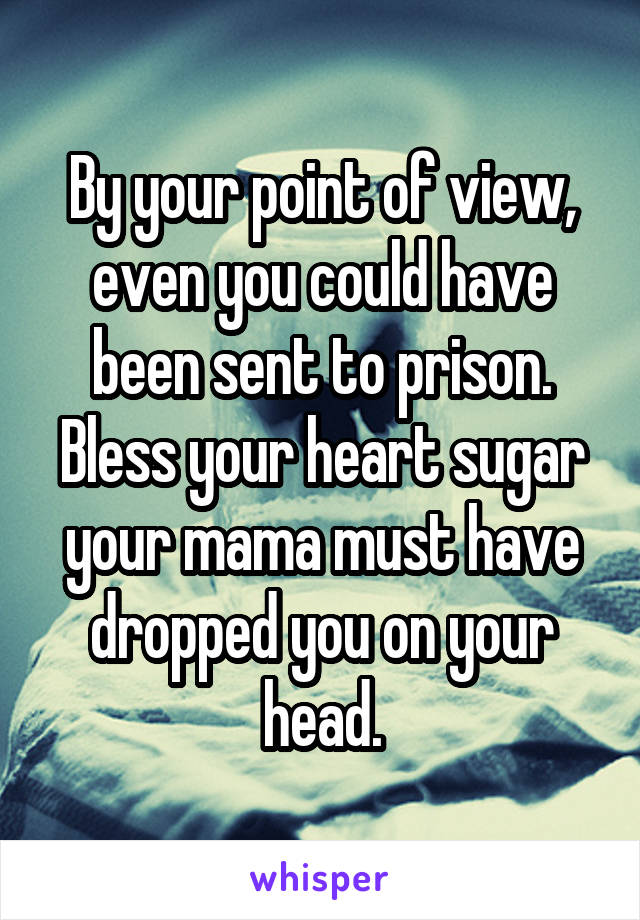 By your point of view, even you could have been sent to prison.
Bless your heart sugar your mama must have dropped you on your head.