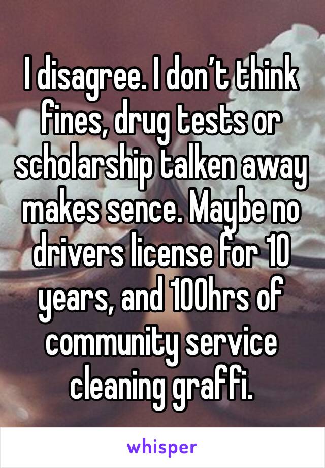 I disagree. I don’t think fines, drug tests or scholarship talken away makes sence. Maybe no drivers license for 10 years, and 100hrs of community service cleaning graffi.