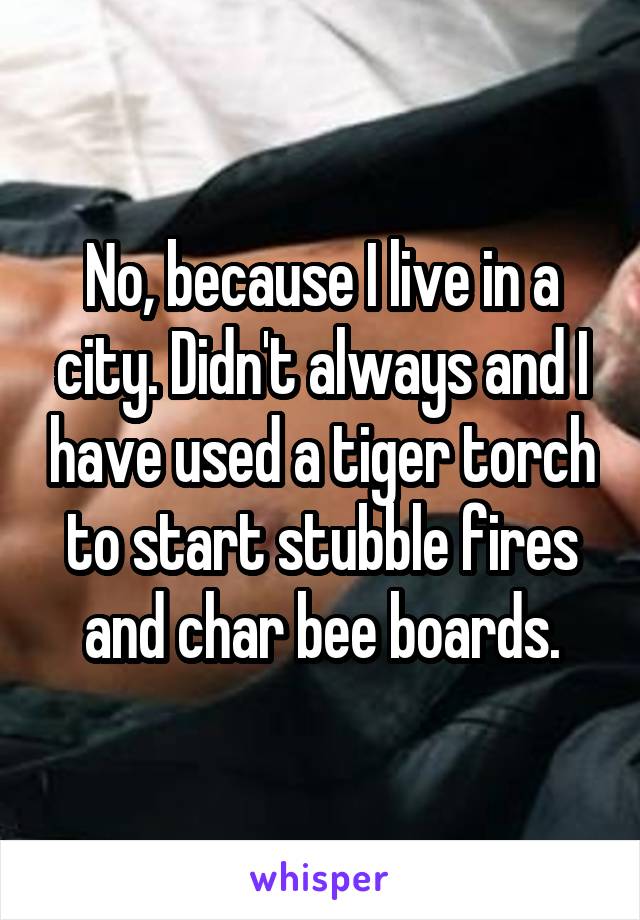 No, because I live in a city. Didn't always and I have used a tiger torch to start stubble fires and char bee boards.