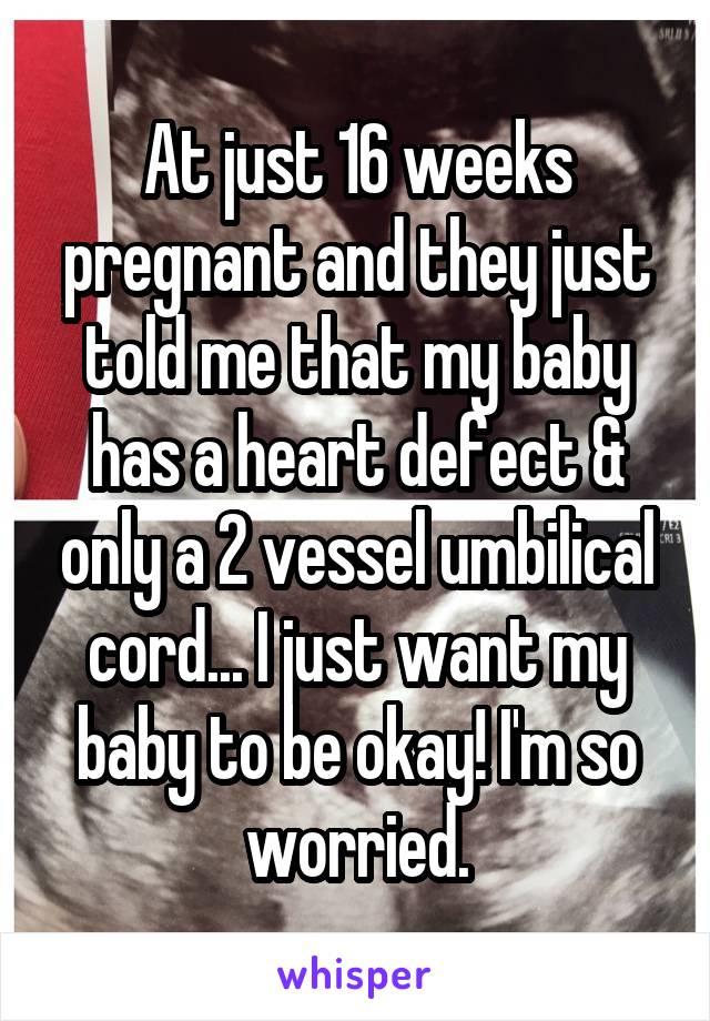 At just 16 weeks pregnant and they just told me that my baby has a heart defect & only a 2 vessel umbilical cord... I just want my baby to be okay! I'm so worried.