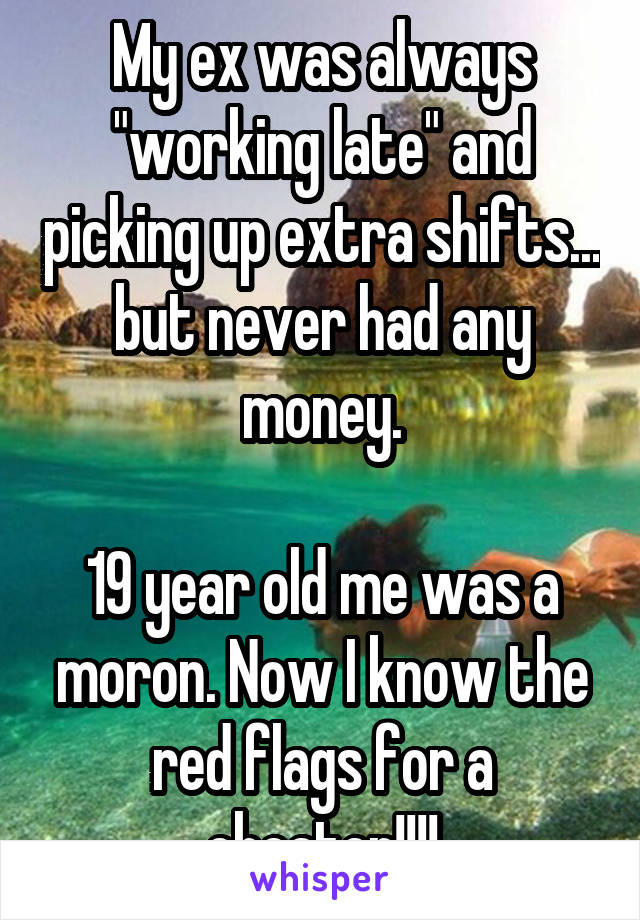 My ex was always "working late" and picking up extra shifts... but never had any money.

19 year old me was a moron. Now I know the red flags for a cheater!!!!
