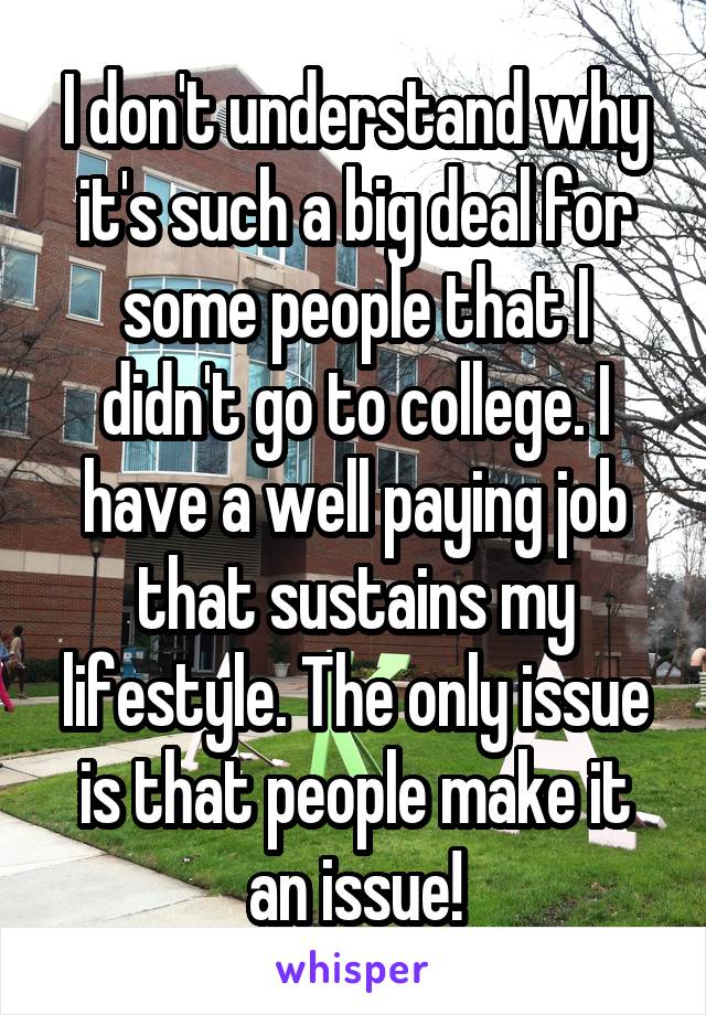 I don't understand why it's such a big deal for some people that I didn't go to college. I have a well paying job that sustains my lifestyle. The only issue is that people make it an issue!