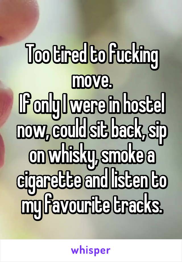 Too tired to fucking move.
If only I were in hostel now, could sit back, sip on whisky, smoke a cigarette and listen to my favourite tracks.