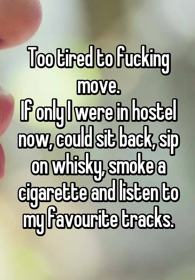 Too tired to fucking move.
If only I were in hostel now, could sit back, sip on whisky, smoke a cigarette and listen to my favourite tracks.