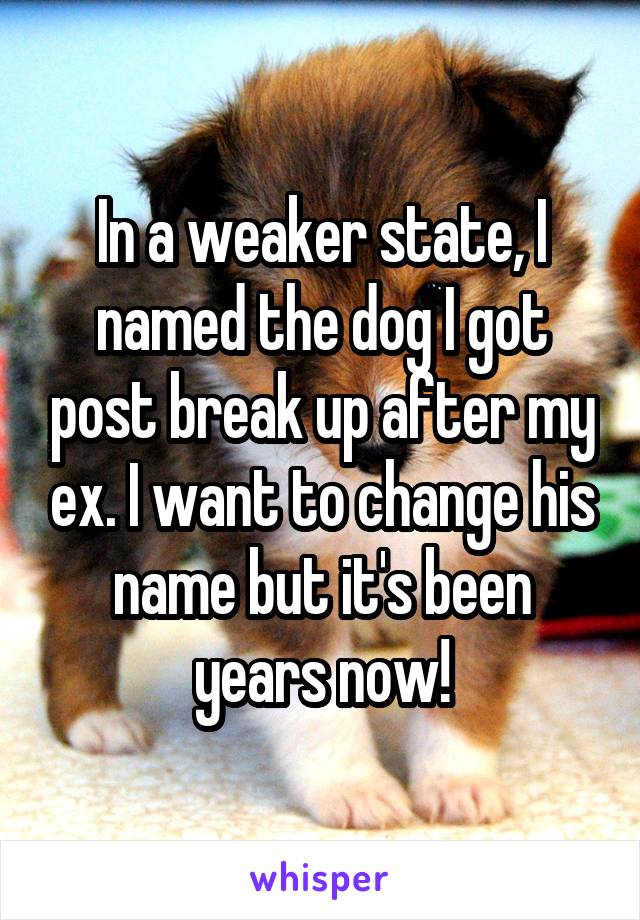 In a weaker state, I named the dog I got post break up after my ex. I want to change his name but it's been years now!