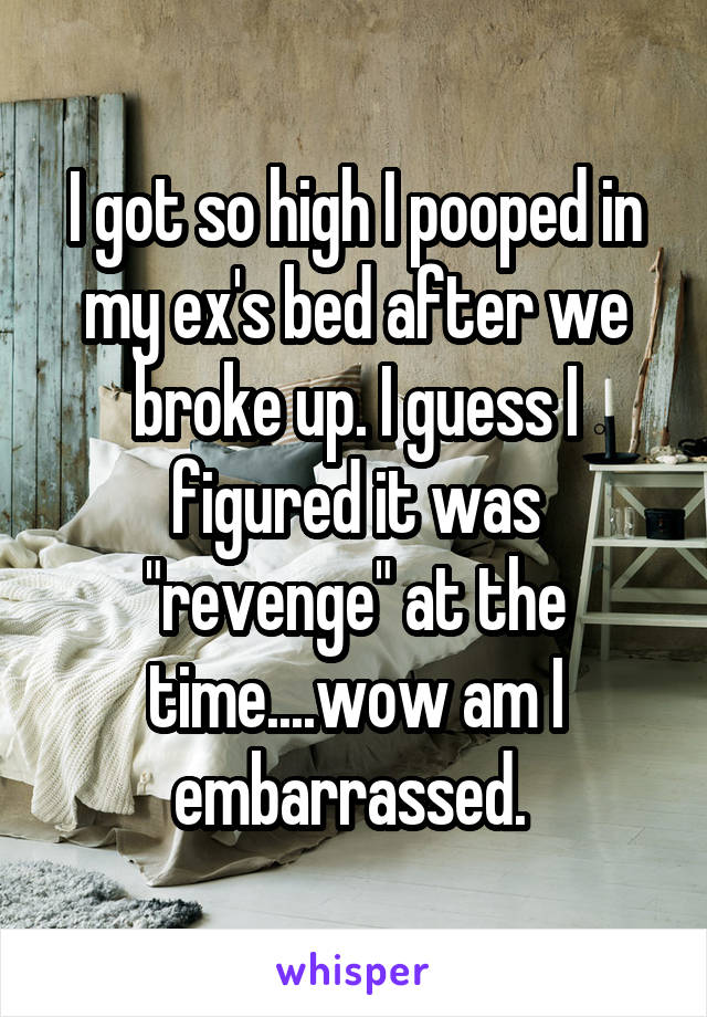 I got so high I pooped in my ex's bed after we broke up. I guess I figured it was "revenge" at the time....wow am I embarrassed. 
