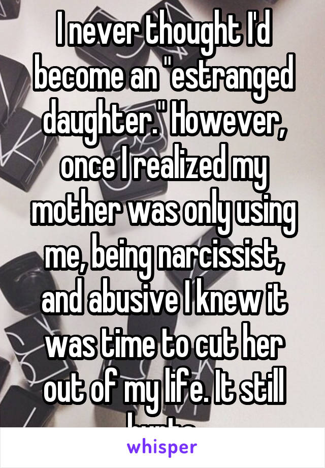 I never thought I'd become an "estranged daughter." However, once I realized my mother was only using me, being narcissist, and abusive I knew it was time to cut her out of my life. It still hurts.