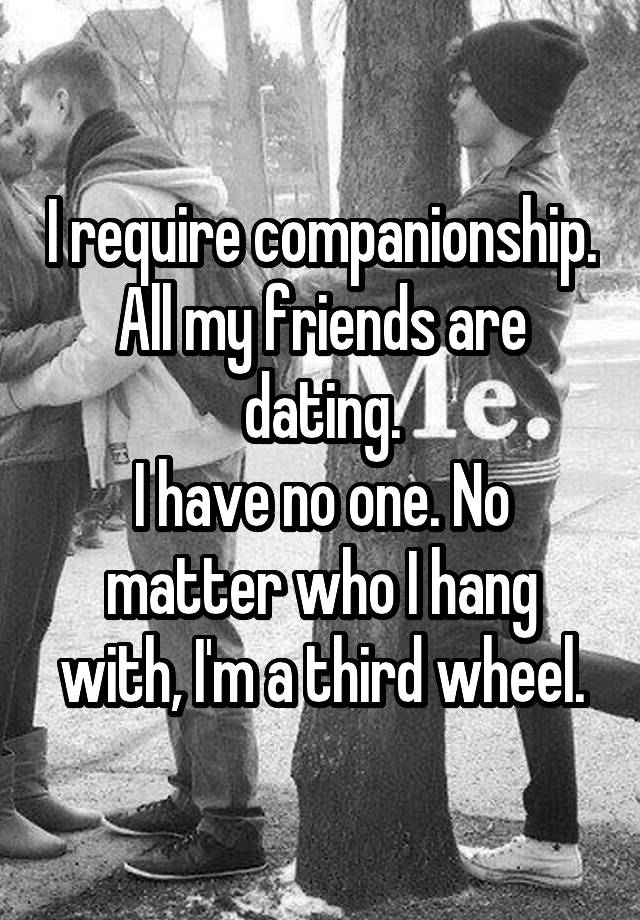 I require companionship.
All my friends are dating.
I have no one. No matter who I hang with, I'm a third wheel.