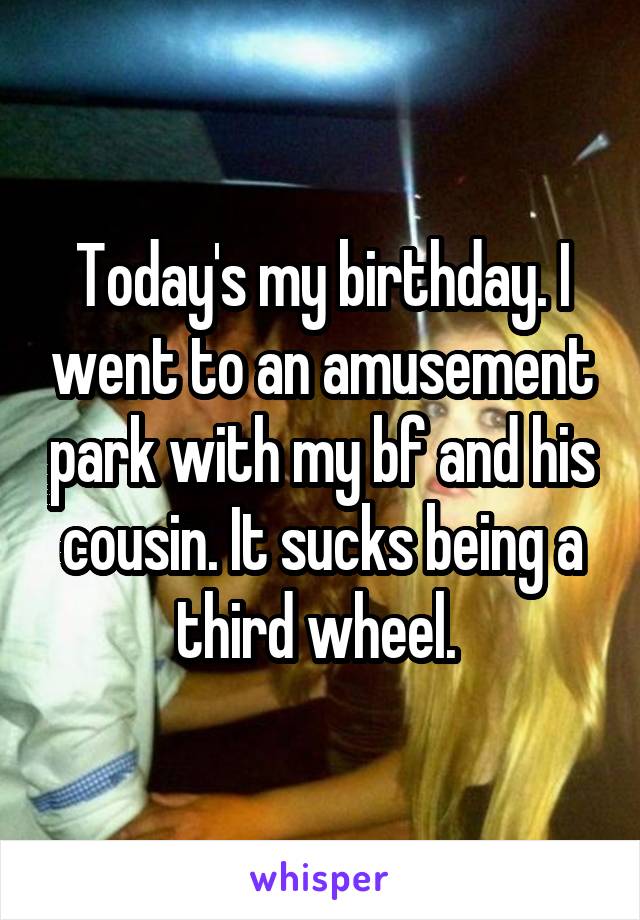 Today's my birthday. I went to an amusement park with my bf and his cousin. It sucks being a third wheel. 