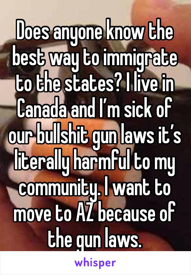 Does anyone know the best way to immigrate to the states? I live in Canada and I’m sick of our bullshit gun laws it’s literally harmful to my community. I want to move to AZ because of the gun laws.