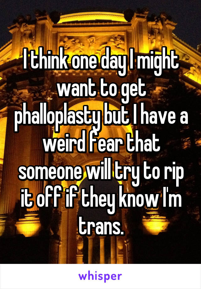 I think one day I might want to get phalloplasty but I have a weird fear that someone will try to rip it off if they know I'm trans.