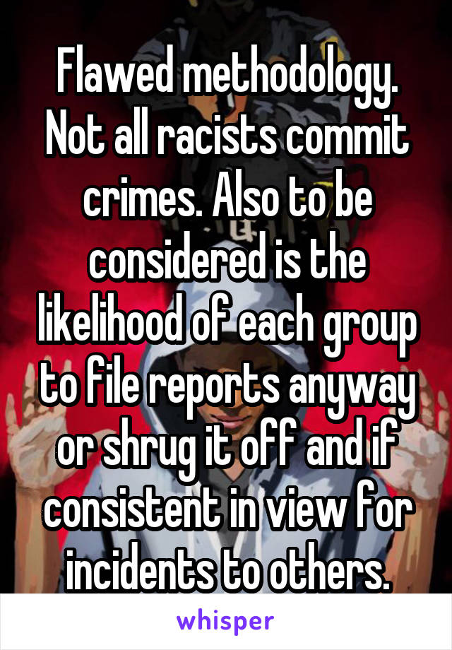 Flawed methodology. Not all racists commit crimes. Also to be considered is the likelihood of each group to file reports anyway or shrug it off and if consistent in view for incidents to others.