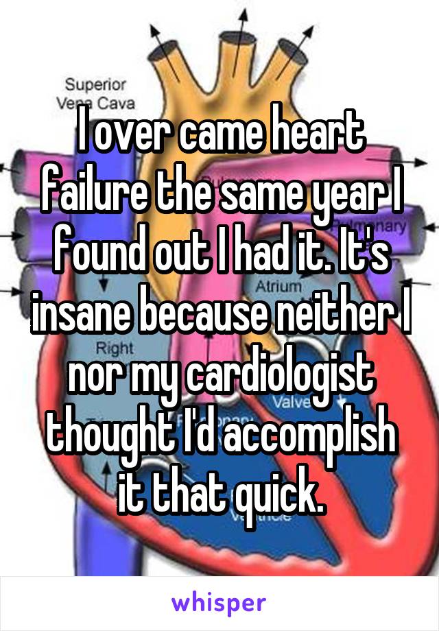 I over came heart failure the same year I found out I had it. It's insane because neither I nor my cardiologist thought I'd accomplish it that quick.