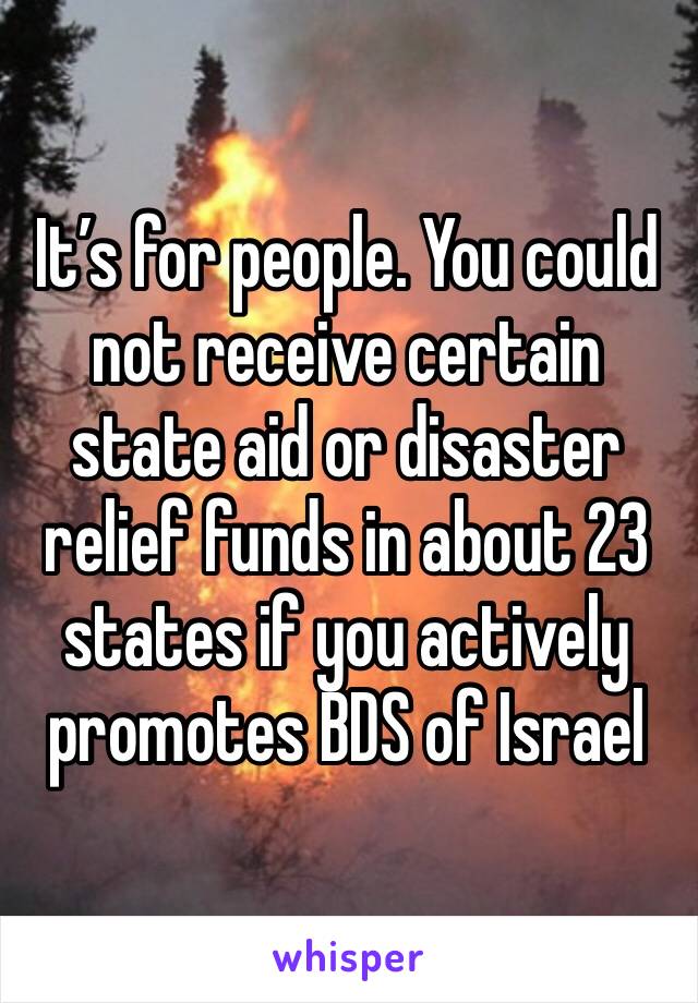 It’s for people. You could not receive certain state aid or disaster relief funds in about 23 states if you actively promotes BDS of Israel