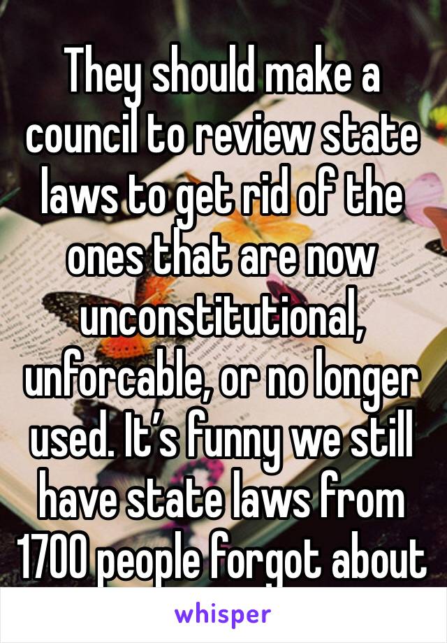 They should make a council to review state laws to get rid of the ones that are now unconstitutional, unforcable, or no longer used. It’s funny we still have state laws from 1700 people forgot about