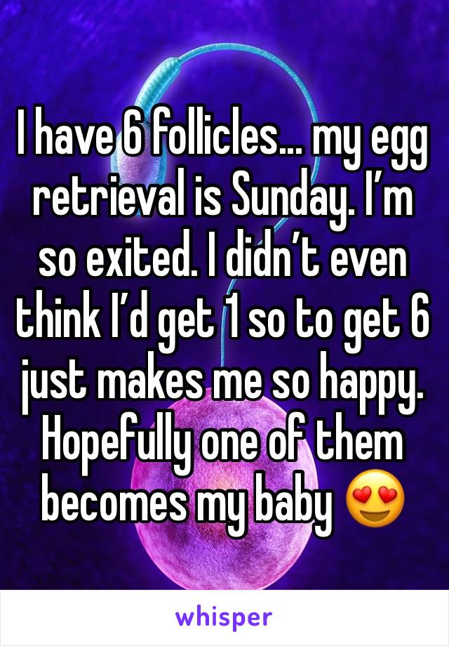 I have 6 follicles... my egg retrieval is Sunday. I’m so exited. I didn’t even think I’d get 1 so to get 6  just makes me so happy. Hopefully one of them becomes my baby 😍