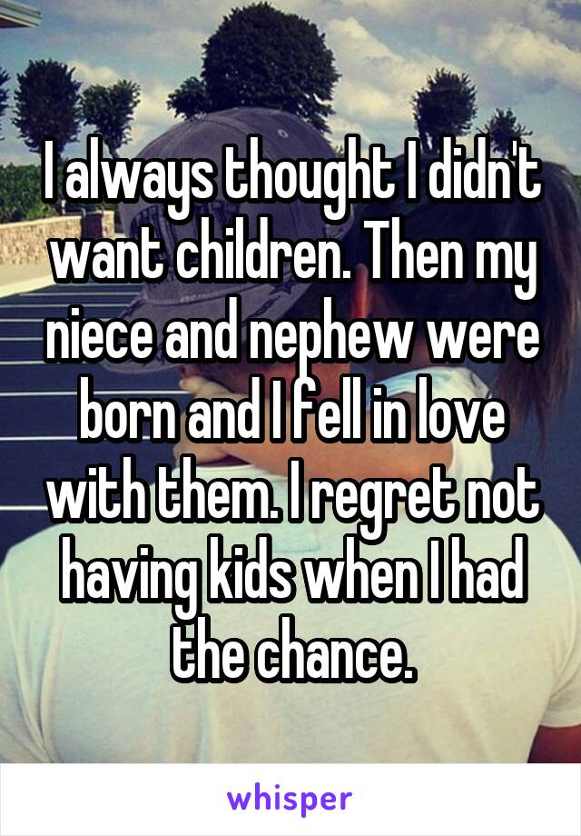 I always thought I didn't want children. Then my niece and nephew were born and I fell in love with them. I regret not having kids when I had the chance.