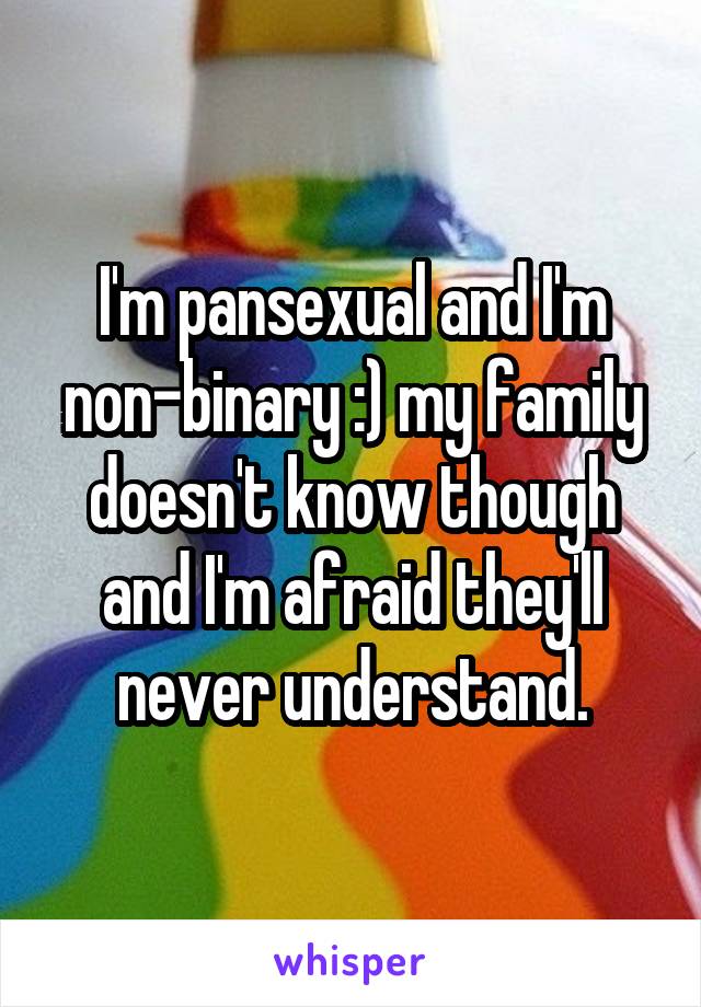 I'm pansexual and I'm non-binary :) my family doesn't know though and I'm afraid they'll never understand.