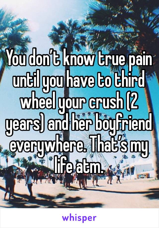 You don’t know true pain until you have to third wheel your crush (2 years) and her boyfriend everywhere. That’s my life atm. 