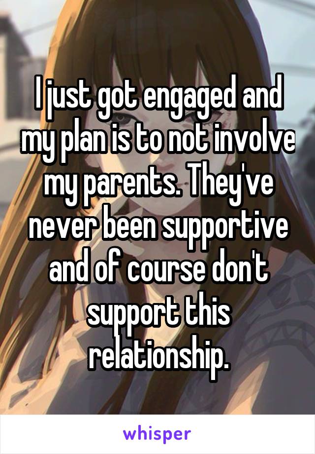 I just got engaged and my plan is to not involve my parents. They've never been supportive and of course don't support this relationship.