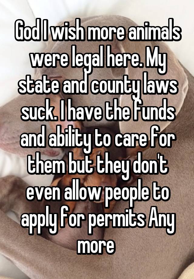 God I wish more animals were legal here. My state and county laws suck. I have the funds and ability to care for them but they don't even allow people to apply for permits Any more 