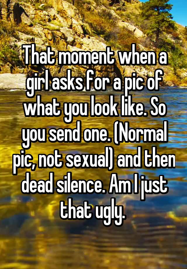 That moment when a girl asks for a pic of what you look like. So you send one. (Normal pic, not sexual) and then dead silence. Am I just that ugly. 