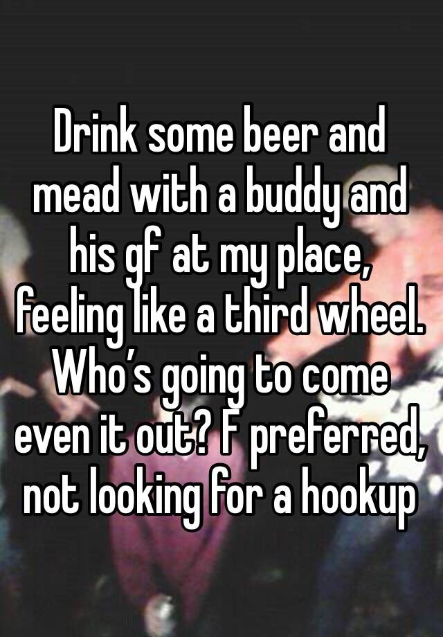 Drink some beer and mead with a buddy and his gf at my place, feeling like a third wheel. Who’s going to come even it out? F preferred, not looking for a hookup 