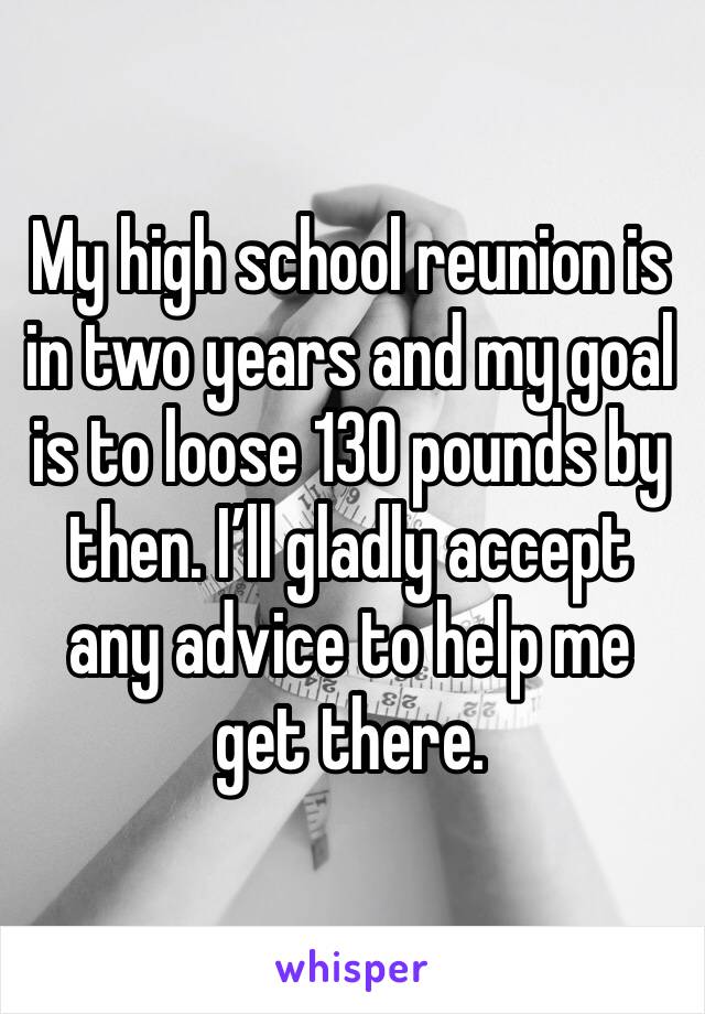 My high school reunion is in two years and my goal is to loose 130 pounds by then. I’ll gladly accept any advice to help me get there. 