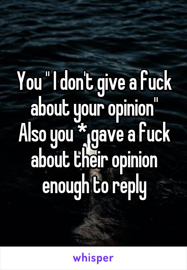 You " I don't give a fuck about your opinion"
Also you * gave a fuck about their opinion enough to reply