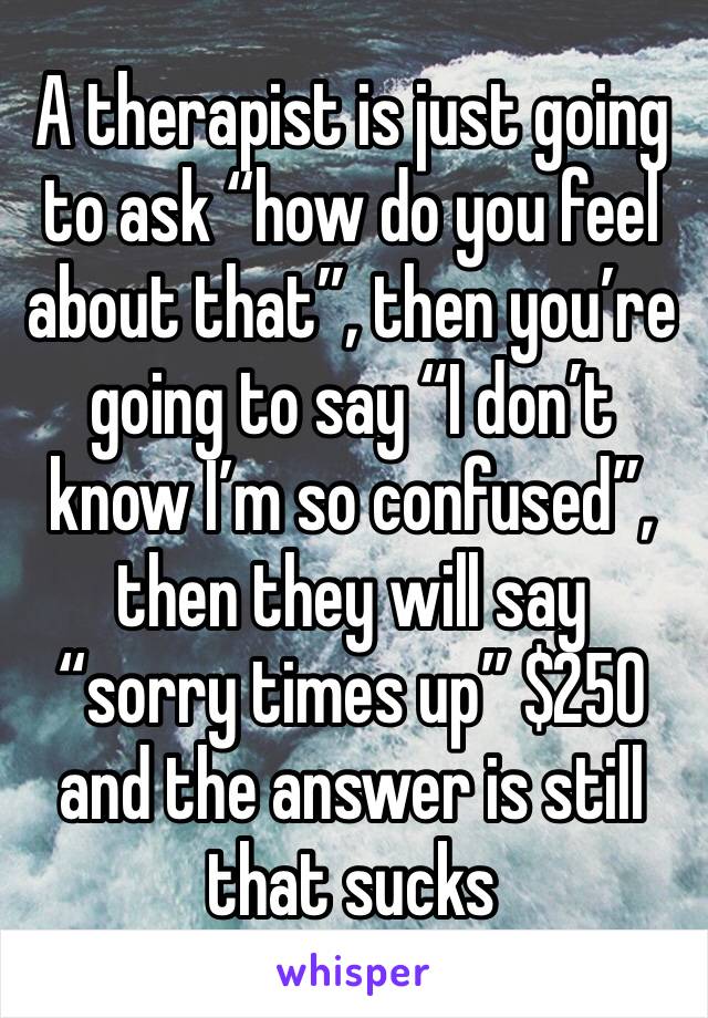 A therapist is just going to ask “how do you feel about that”, then you’re going to say “I don’t know I’m so confused”, then they will say “sorry times up” $250 and the answer is still that sucks