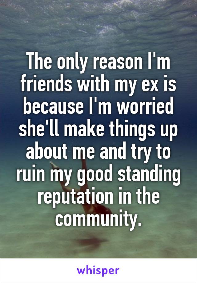 The only reason I'm friends with my ex is because I'm worried she'll make things up about me and try to ruin my good standing reputation in the community.