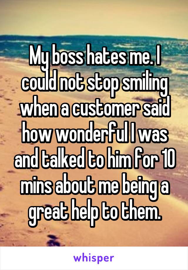 My boss hates me. I could not stop smiling when a customer said how wonderful I was and talked to him for 10 mins about me being a great help to them.