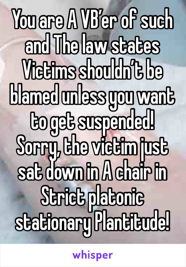 You are A VB’er of such and The law states 
Victims shouldn’t be blamed unless you want to get suspended!
Sorry, the victim just sat down in A chair in Strict platonic stationary Plantitude!