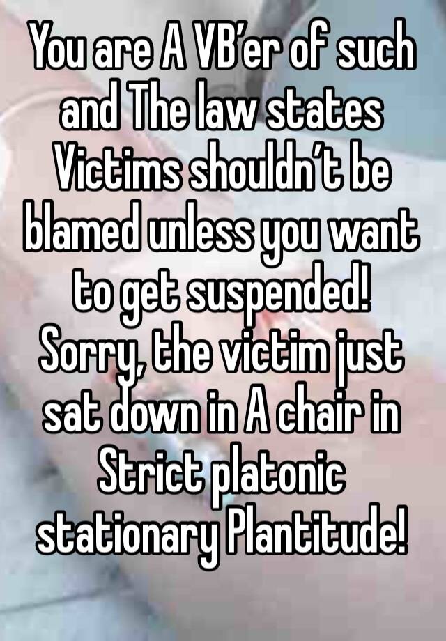 You are A VB’er of such and The law states 
Victims shouldn’t be blamed unless you want to get suspended!
Sorry, the victim just sat down in A chair in Strict platonic stationary Plantitude!