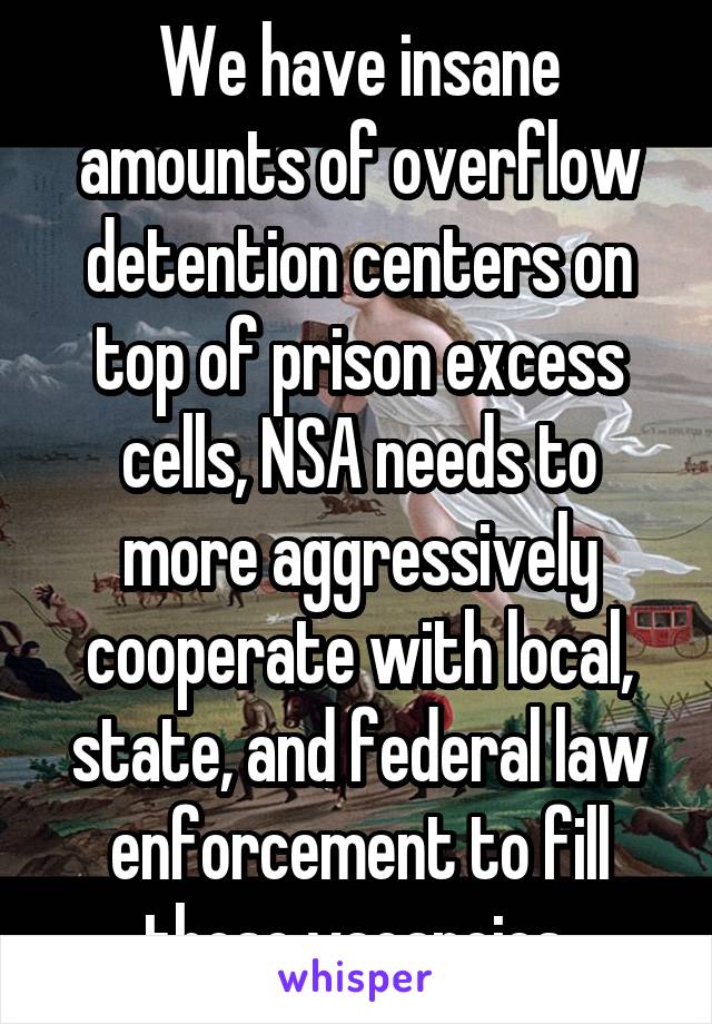 We have insane amounts of overflow detention centers on top of prison excess cells, NSA needs to more aggressively cooperate with local, state, and federal law enforcement to fill those vacancies 