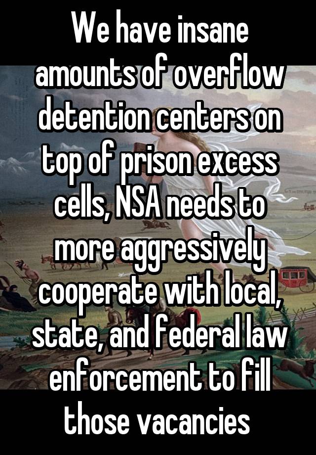 We have insane amounts of overflow detention centers on top of prison excess cells, NSA needs to more aggressively cooperate with local, state, and federal law enforcement to fill those vacancies 