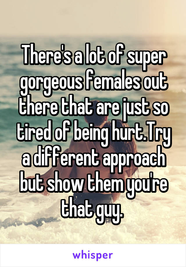 There's a lot of super gorgeous females out there that are just so tired of being hurt.Try a different approach but show them you're that guy. 