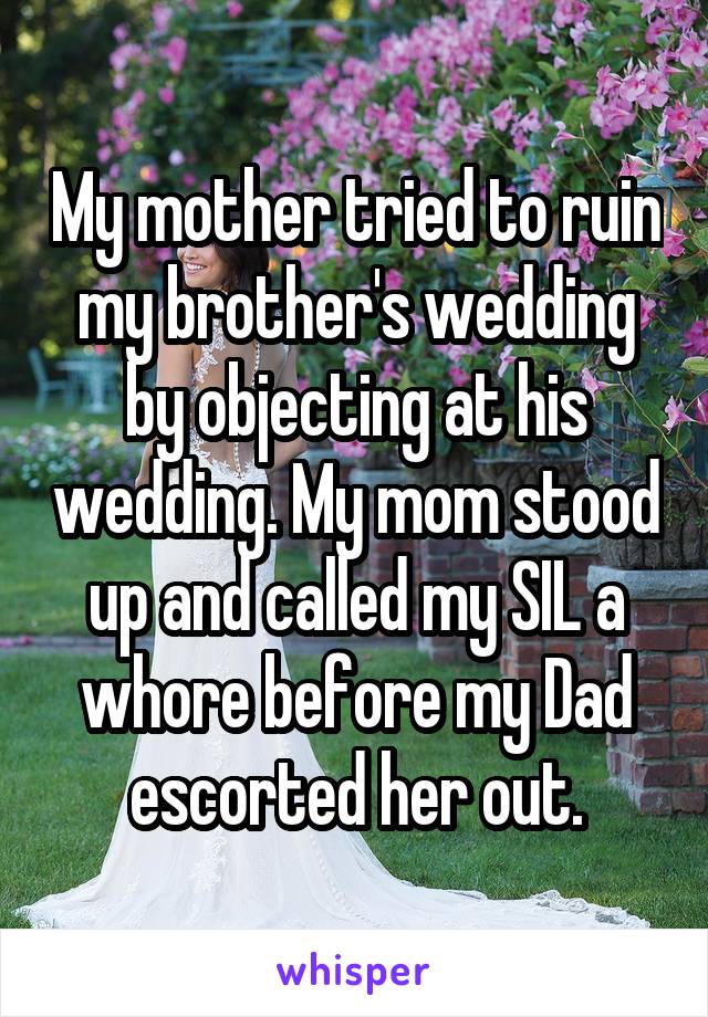 My mother tried to ruin my brother's wedding by objecting at his wedding. My mom stood up and called my SIL a whore before my Dad escorted her out.
