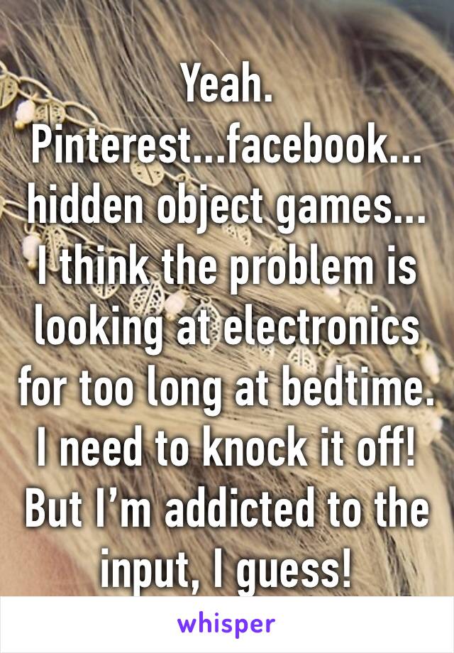 Yeah. Pinterest...facebook...
hidden object games...
I think the problem is looking at electronics for too long at bedtime. I need to knock it off! But I’m addicted to the input, I guess!