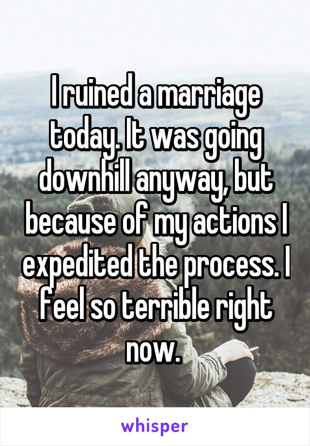 I ruined a marriage today. It was going downhill anyway, but because of my actions I expedited the process. I feel so terrible right now. 
