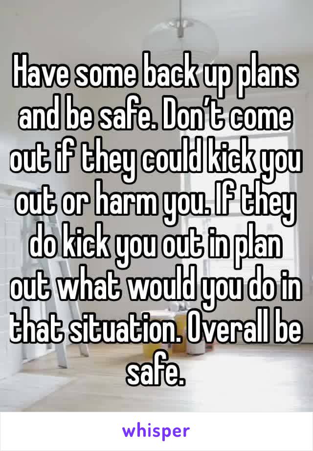 Have some back up plans and be safe. Don’t come out if they could kick you out or harm you. If they do kick you out in plan out what would you do in that situation. Overall be safe. 