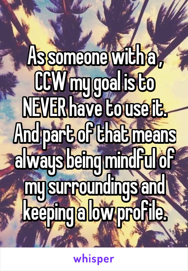 As someone with a ,
CCW my goal is to NEVER have to use it. And part of that means always being mindful of my surroundings and keeping a low profile.